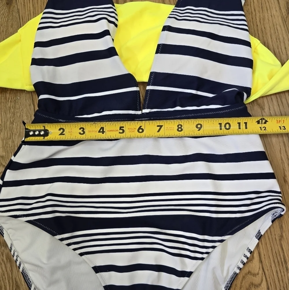 NWT Aerie Striped Layered One-Piece Full Coverage Swimsuit Size Medium Navy Blue